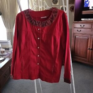 Quacker Factory Red Utility Jacket with Beaded Collar